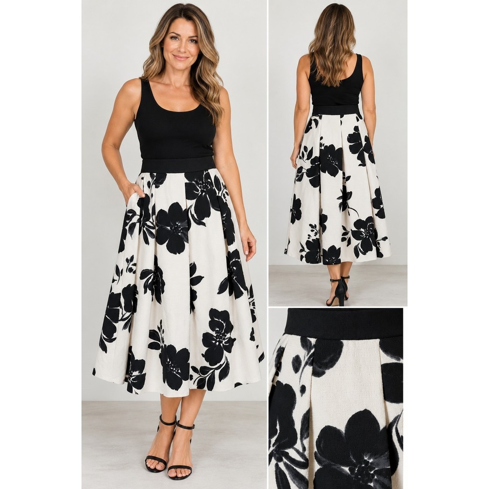 WHBM White & Black Floral Size 2 Lined Pleated Midi Skirt Pockets Boho Office